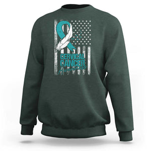 Cervical Cancer Awareness Sweatshirt Teal And White Ribbon American Flag Support TS02 Dark Forest Green Print Your Wear