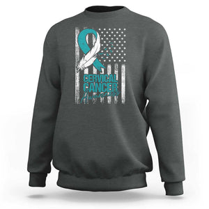 Cervical Cancer Awareness Sweatshirt Teal And White Ribbon American Flag Support TS02 Dark Heather Print Your Wear