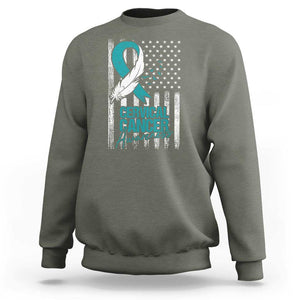 Cervical Cancer Awareness Sweatshirt Teal And White Ribbon American Flag Support TS02 Military Green Print Your Wear