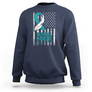 Cervical Cancer Awareness Sweatshirt Teal And White Ribbon American Flag Support TS02 Navy Print Your Wear