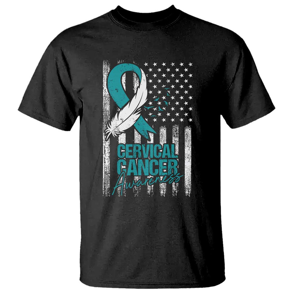 Cervical Cancer Awareness T Shirt Teal And White Ribbon American Flag Support TS02 Black Print Your Wear