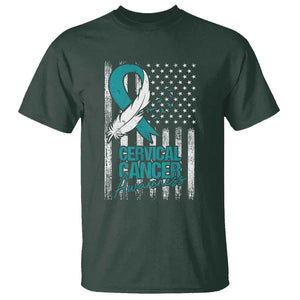 Cervical Cancer Awareness T Shirt Teal And White Ribbon American Flag Support TS02 Dark Forest Green Print Your Wear