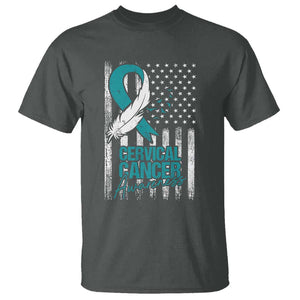 Cervical Cancer Awareness T Shirt Teal And White Ribbon American Flag Support TS02 Dark Heather Print Your Wear