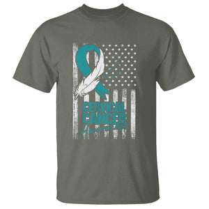 Cervical Cancer Awareness T Shirt Teal And White Ribbon American Flag Support TS02 Military Green Print Your Wear