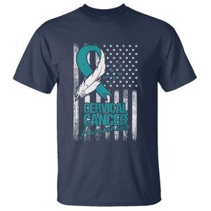 Cervical Cancer Awareness T Shirt Teal And White Ribbon American Flag Support TS02 Navy Print Your Wear