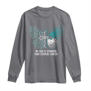 Cervical Cancer Warrior Long Sleeve Shirt My God is Stronger Teal And White Butterfly Christian Cross Faith TS02 Charcoal Print Your Wear