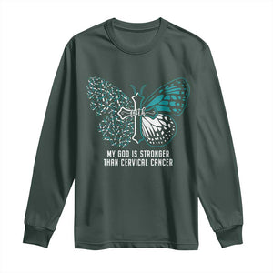 Cervical Cancer Warrior Long Sleeve Shirt My God is Stronger Teal And White Butterfly Christian Cross Faith TS02 Dark Forest Green Print Your Wear