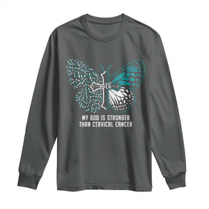 Cervical Cancer Warrior Long Sleeve Shirt My God is Stronger Teal And White Butterfly Christian Cross Faith TS02 Dark Heather Print Your Wear