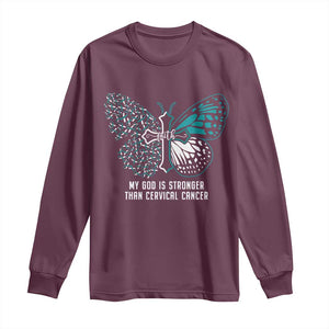 Cervical Cancer Warrior Long Sleeve Shirt My God is Stronger Teal And White Butterfly Christian Cross Faith TS02 Maroon Print Your Wear