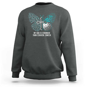 Cervical Cancer Warrior Sweatshirt My God is Stronger Teal And White Butterfly Christian Cross Faith TS02 Dark Heather Print Your Wear