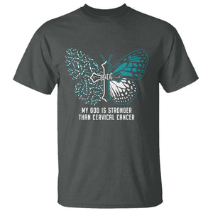 Cervical Cancer Warrior T Shirt My God is Stronger Teal And White Butterfly Christian Cross Faith TS02 Dark Heather Print Your Wear