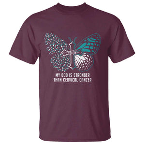 Cervical Cancer Warrior T Shirt My God is Stronger Teal And White Butterfly Christian Cross Faith TS02 Maroon Print Your Wear