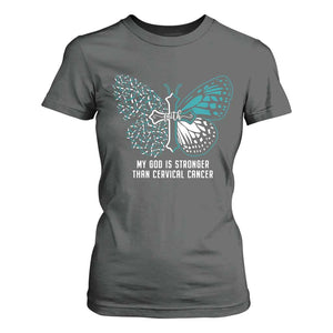 Cervical Cancer Warrior T Shirt For Women My God is Stronger Teal And White Butterfly Christian Cross Faith TS02 Dark Heather Print Your Wear