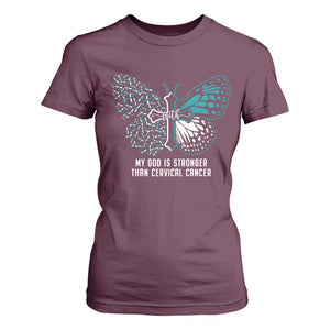 Cervical Cancer Warrior T Shirt For Women My God is Stronger Teal And White Butterfly Christian Cross Faith TS02 Maroon Print Your Wear