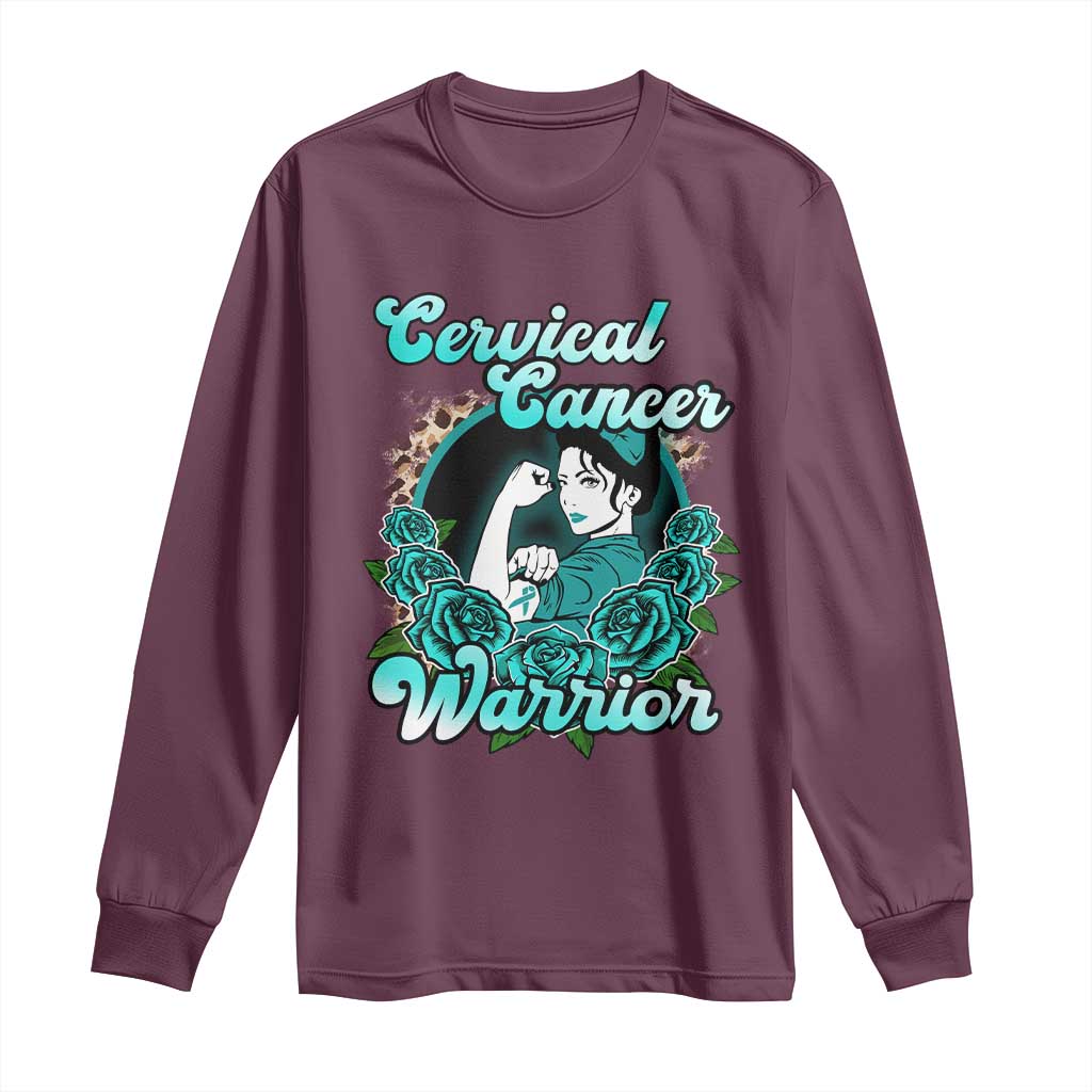 Cervical Cancer Warrior Long Sleeve Shirt Support Squad Survivor Fighter Teal Ribbon TS02 Maroon Print Your Wear