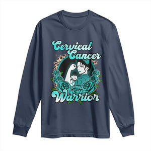 Cervical Cancer Warrior Long Sleeve Shirt Support Squad Survivor Fighter Teal Ribbon TS02 Navy Print Your Wear