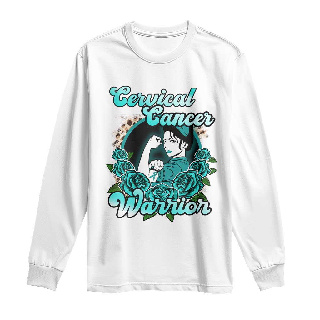 Cervical Cancer Warrior Long Sleeve Shirt Support Squad Survivor Fighter Teal Ribbon TS02 White Print Your Wear