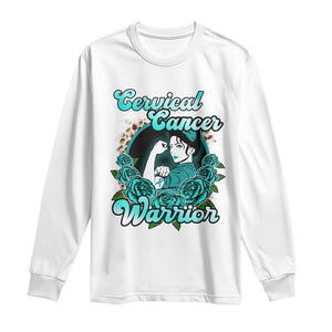 Cervical Cancer Warrior Long Sleeve Shirt Support Squad Survivor Fighter Teal Ribbon TS02 White Print Your Wear