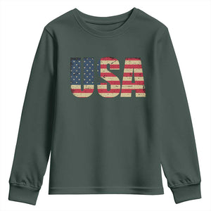 USA American Flag Youth Sweatshirt Retro Vintage Patriotic TS02 Dark Forest Green Print Your Wear