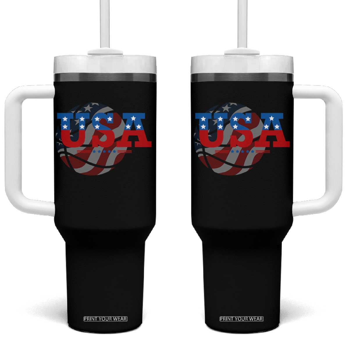 Basketball Tumbler With Handle USA Patriotic American Flag Stars and Stripes Team Sport Fan TS02 One Size: 40 oz Black Print Your Wear