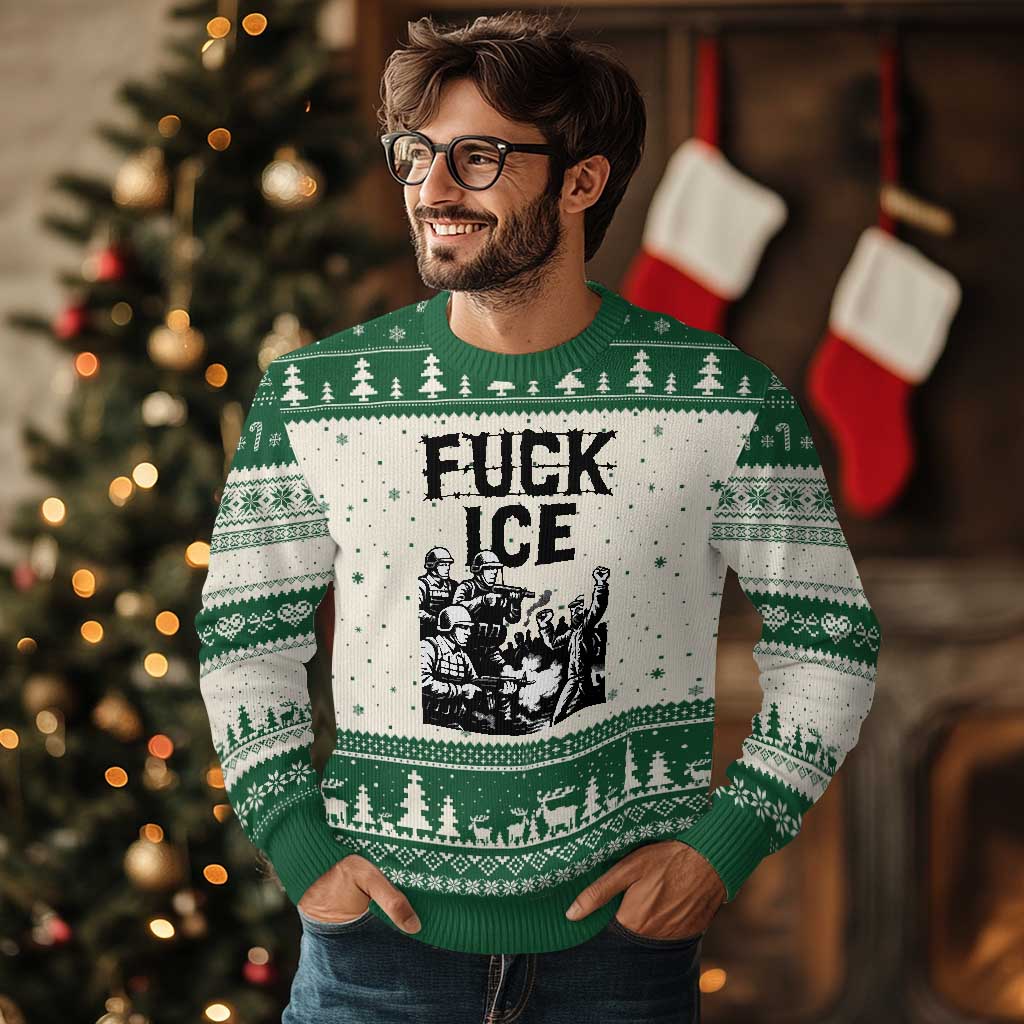 F Ice Riot Protest Graphic Ugly Christmas Sweater Political Resistance Against Ice Violence TS02 Beige Green Print Your Wear