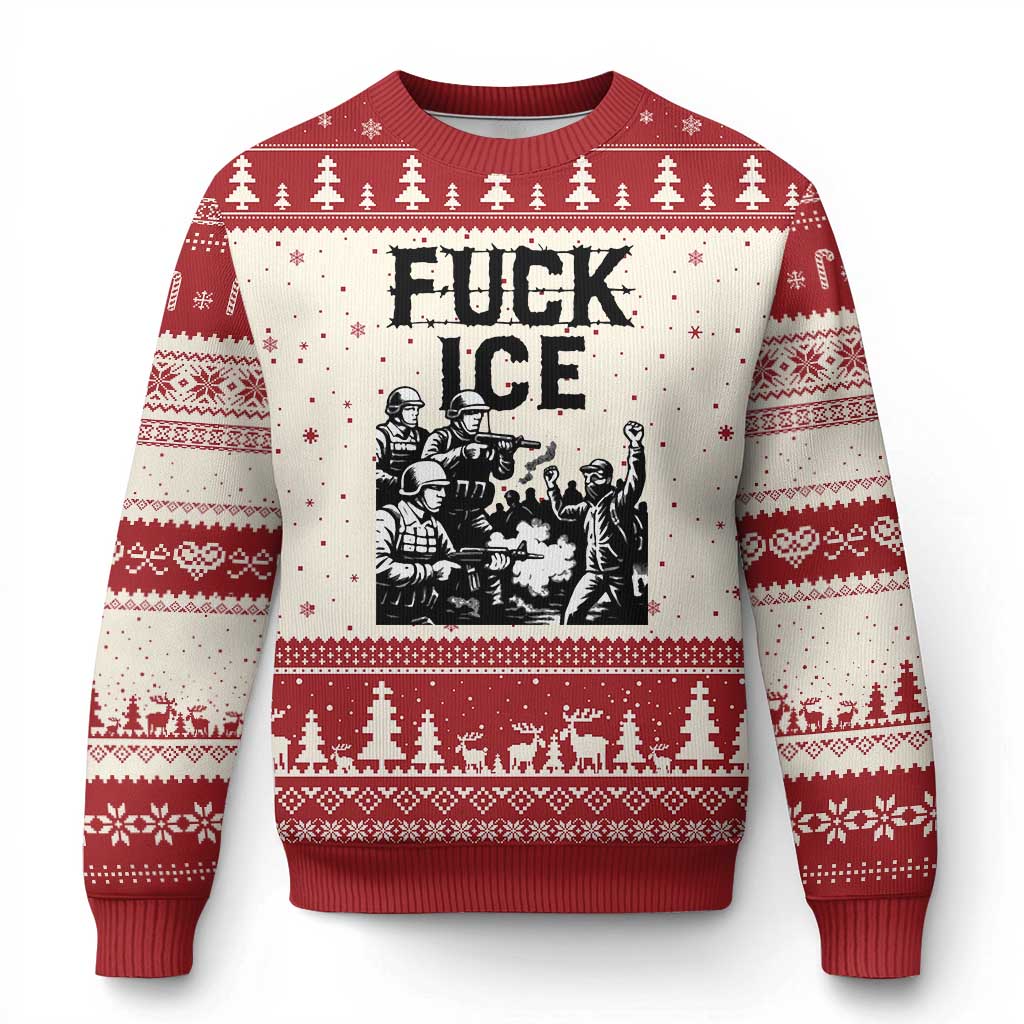 F Ice Riot Protest Graphic Ugly Christmas Sweater Political Resistance Against Ice Violence TS02 Beige Red Print Your Wear