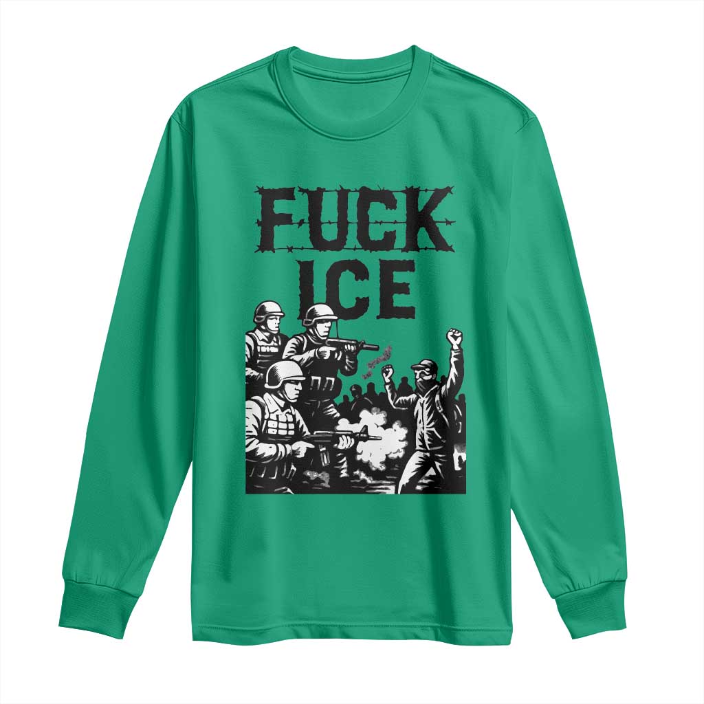 F Ice Riot Protest Graphic Long Sleeve Shirt Political Resistance Against Ice Violence TS02 Irish Green Print Your Wear