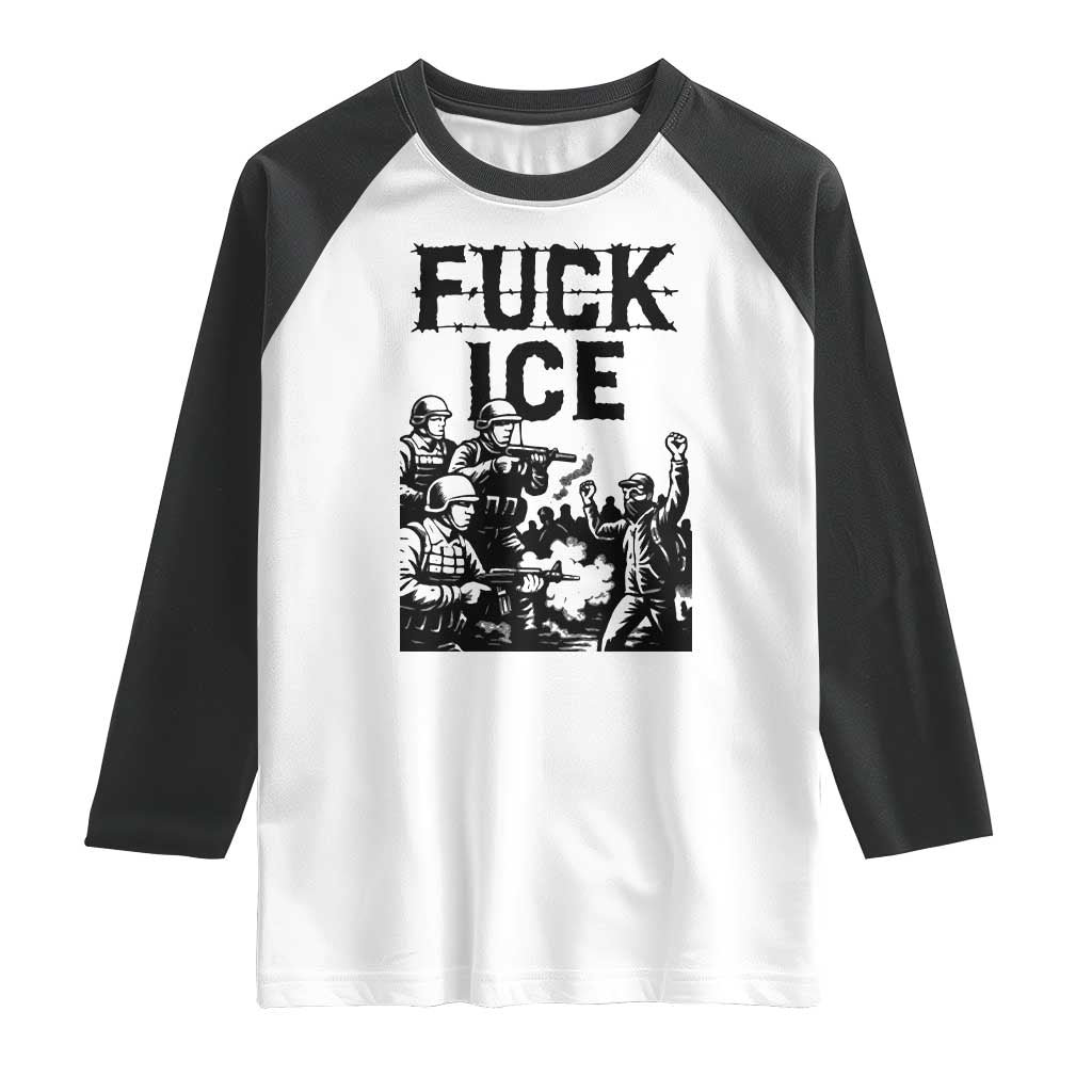 F Ice Riot Protest Graphic Raglan Shirt Political Resistance Against Ice Violence TS02 White Black Print Your Wear