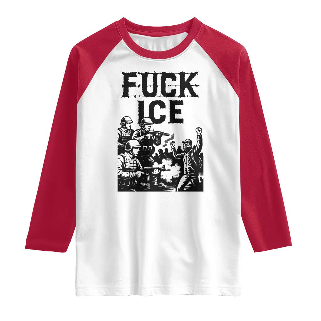 F Ice Riot Protest Graphic Raglan Shirt Political Resistance Against Ice Violence TS02 White Red Print Your Wear