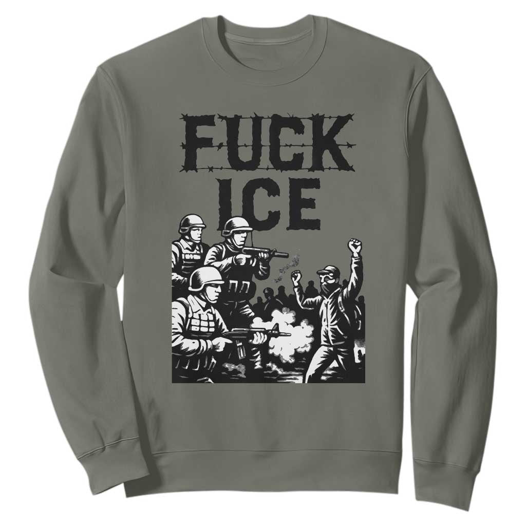 F Ice Riot Protest Graphic Sweatshirt Political Resistance Against Ice Violence TS02 Military Green Print Your Wear
