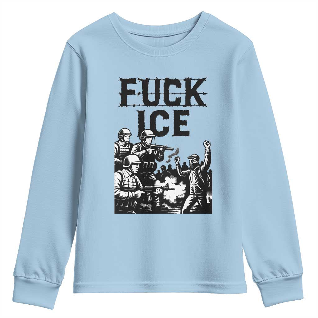 F Ice Riot Protest Graphic Youth Sweatshirt Political Resistance Against Ice Violence TS02 Light Blue Print Your Wear