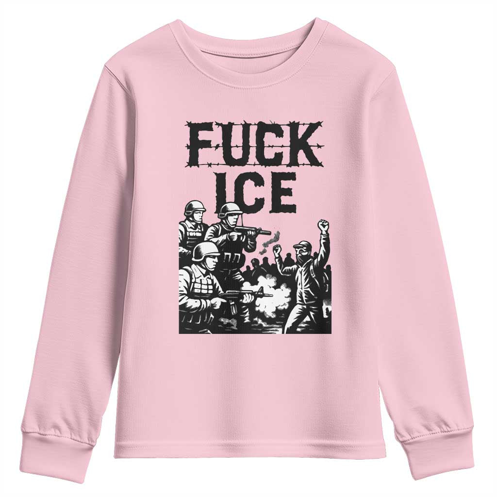F Ice Riot Protest Graphic Youth Sweatshirt Political Resistance Against Ice Violence TS02 Light Pink Print Your Wear