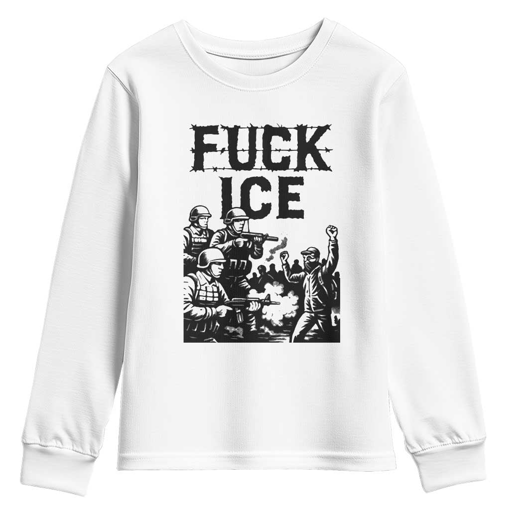 F Ice Riot Protest Graphic Youth Sweatshirt Political Resistance Against Ice Violence TS02 White Print Your Wear