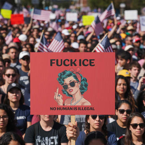 F Ice No Human Is Illegal Protest Sign Feminist Pop Art Against Ice Protest Resistance TS02 Horizontal 18" × 24" Red Print Your Wear