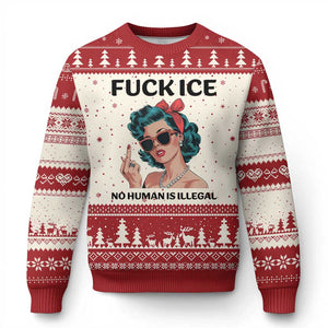 F Ice No Human Is Illegal Ugly Christmas Sweater Feminist Pop Art Against Ice Protest Resistance TS02 Beige Red Print Your Wear