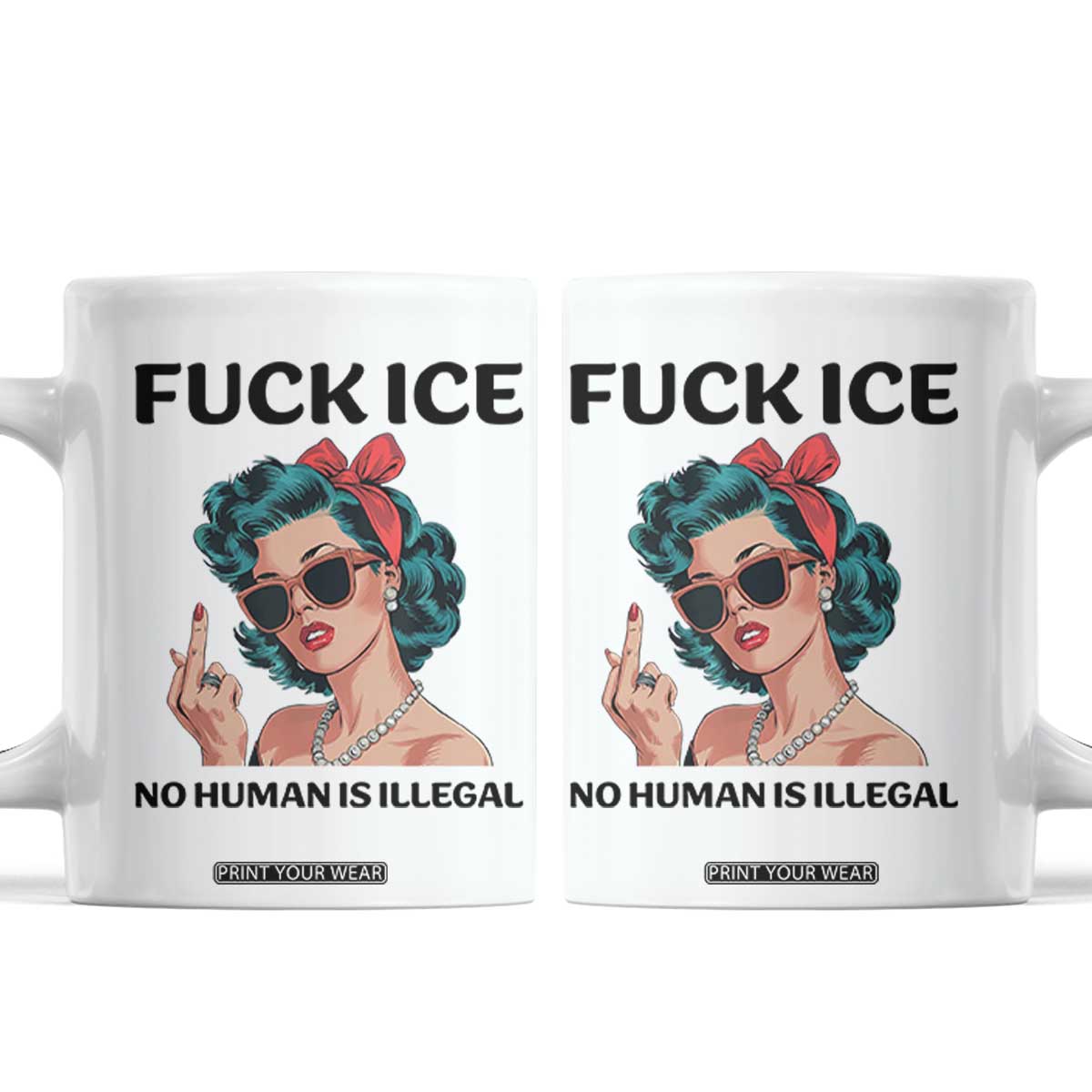 F Ice No Human Is Illegal Coffee Mug Feminist Pop Art Against Ice Protest Resistance TS02 White Print Your Wear