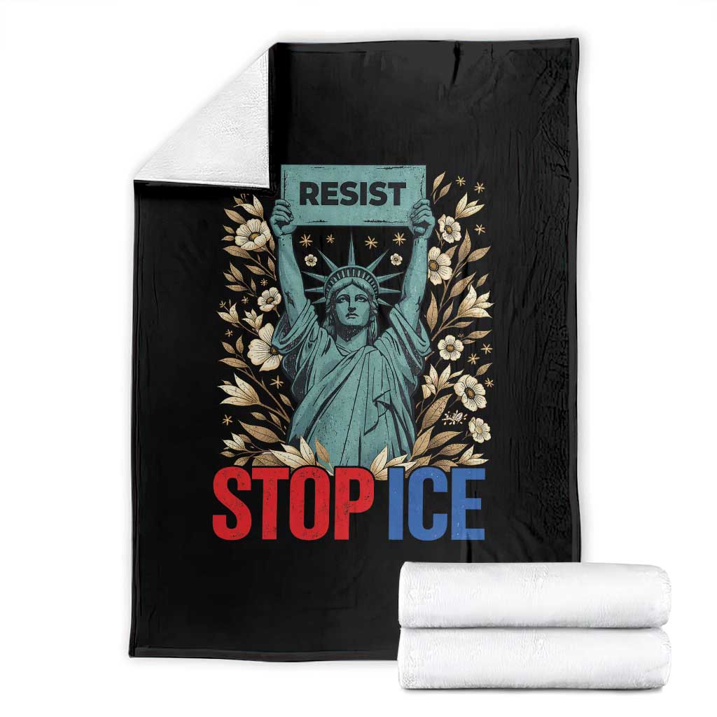 Statue of Liberty Resist Stop Ice Throw Blanket Floral Activist for Justice and Freedom TS02 Black Print Your Wear