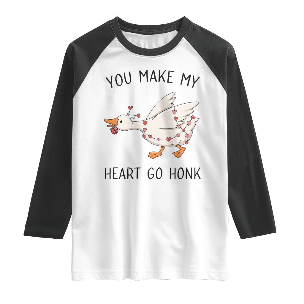 Funny Valentine Goose Raglan Shirt You Make My Heart Go Honk Cute Romantic Gift TS02 White Black Print Your Wear