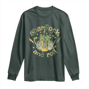 Funny St Patricks Day Long Sleeve Shirt Shamrock 'N Roll Irish Music Rocking Skeleton Hand with Guitar TS02 Dark Forest Green Print Your Wear