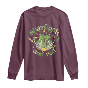 Funny St Patricks Day Long Sleeve Shirt Shamrock 'N Roll Irish Music Rocking Skeleton Hand with Guitar TS02 Maroon Print Your Wear