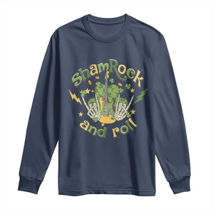 Funny St Patricks Day Long Sleeve Shirt Shamrock 'N Roll Irish Music Rocking Skeleton Hand with Guitar TS02 Navy Print Your Wear