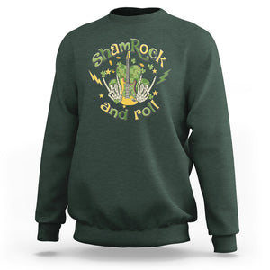 Funny St. Patricks Day Sweatshirt Shamrock 'N Roll Irish Music Rocking Skeleton Hand with Guitar TS02 Dark Forest Green Printyourwear