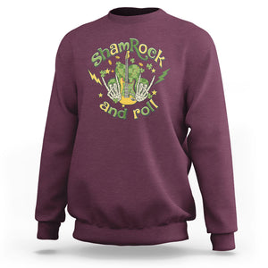 Funny St. Patricks Day Sweatshirt Shamrock 'N Roll Irish Music Rocking Skeleton Hand with Guitar TS02 Maroon Printyourwear