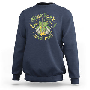 Funny St. Patricks Day Sweatshirt Shamrock 'N Roll Irish Music Rocking Skeleton Hand with Guitar TS02 Navy Printyourwear