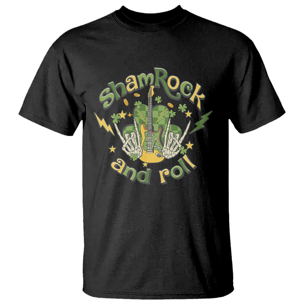 Funny St. Patricks Day T Shirt Shamrock 'N Roll Irish Music Rocking Skeleton Hand with Guitar TS02 Black Printyourwear