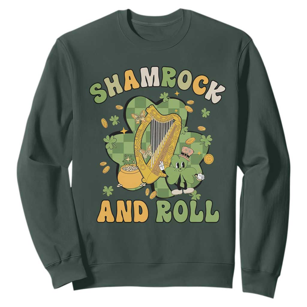 Funny St. Patricks Day Sweatshirt Shamrock 'N Roll Irish Music Celtic Harp TS02 Dark Forest Green Printyourwear