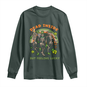 Irish Dancing Skeleton Long Sleeve Shirt Dead Inside But Feeling Lucky Drinking Beer St Patrick's Day TS02 Dark Forest Green Print Your Wear