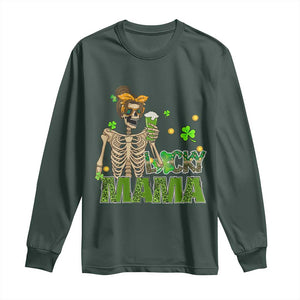 Irish Skeleton Mom Long Sleeve Shirt Lucky Mama Messy Bun Drinking Beer St Patrick's Day Mother's Day TS02 Dark Forest Green Print Your Wear