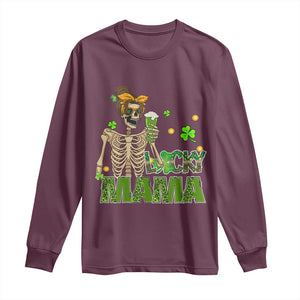 Irish Skeleton Mom Long Sleeve Shirt Lucky Mama Messy Bun Drinking Beer St Patrick's Day Mother's Day TS02 Maroon Print Your Wear