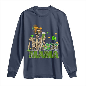 Irish Skeleton Mom Long Sleeve Shirt Lucky Mama Messy Bun Drinking Beer St Patrick's Day Mother's Day TS02 Navy Print Your Wear